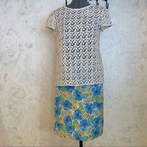Norton McNaughton Petites blue and yellow floral linen blend skirt size 8P - Picture 7 of 12